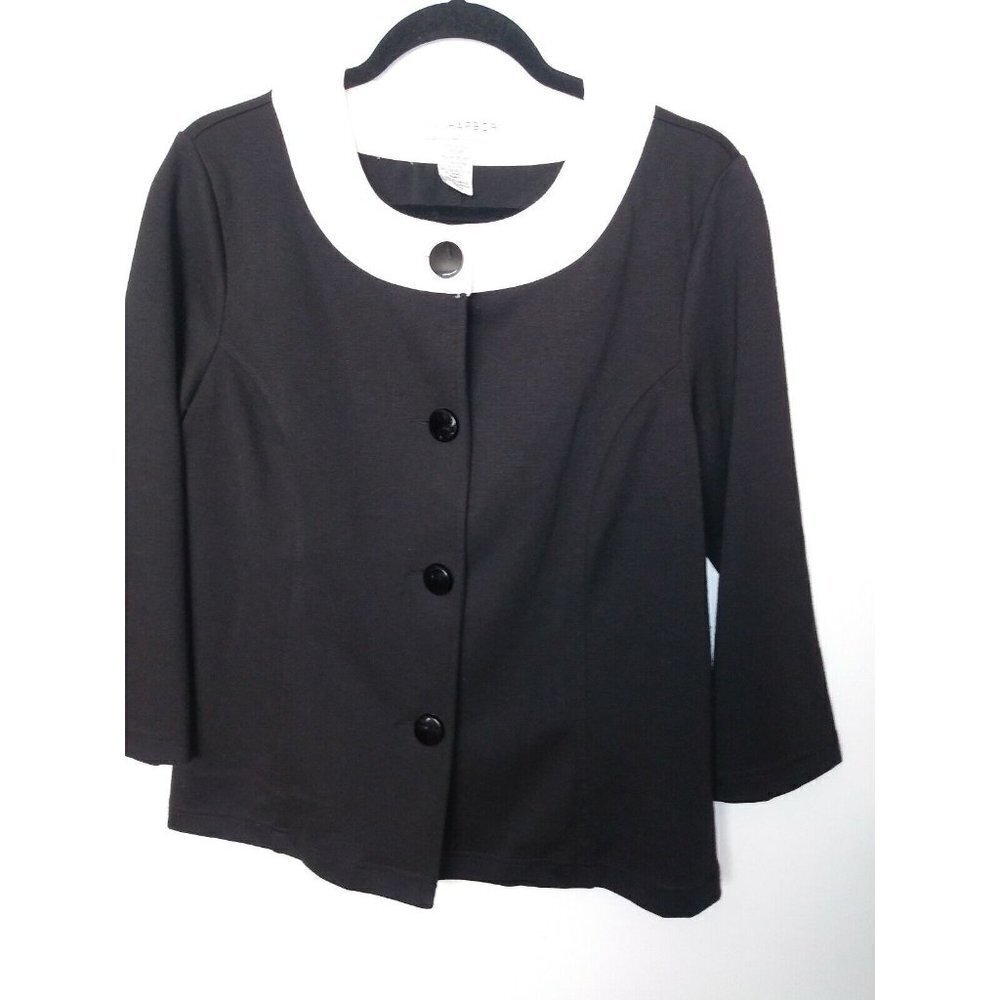 Women's Button Front knit Top Sz M Black ivory Poly spandex stretch Sag Harbor